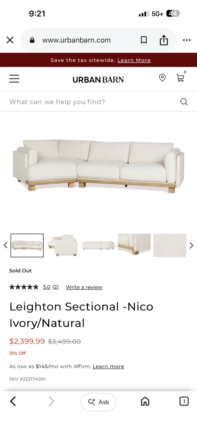 Urban Barn Leighton Sectional Sofa - Nico Ivory/Natural - photo 3