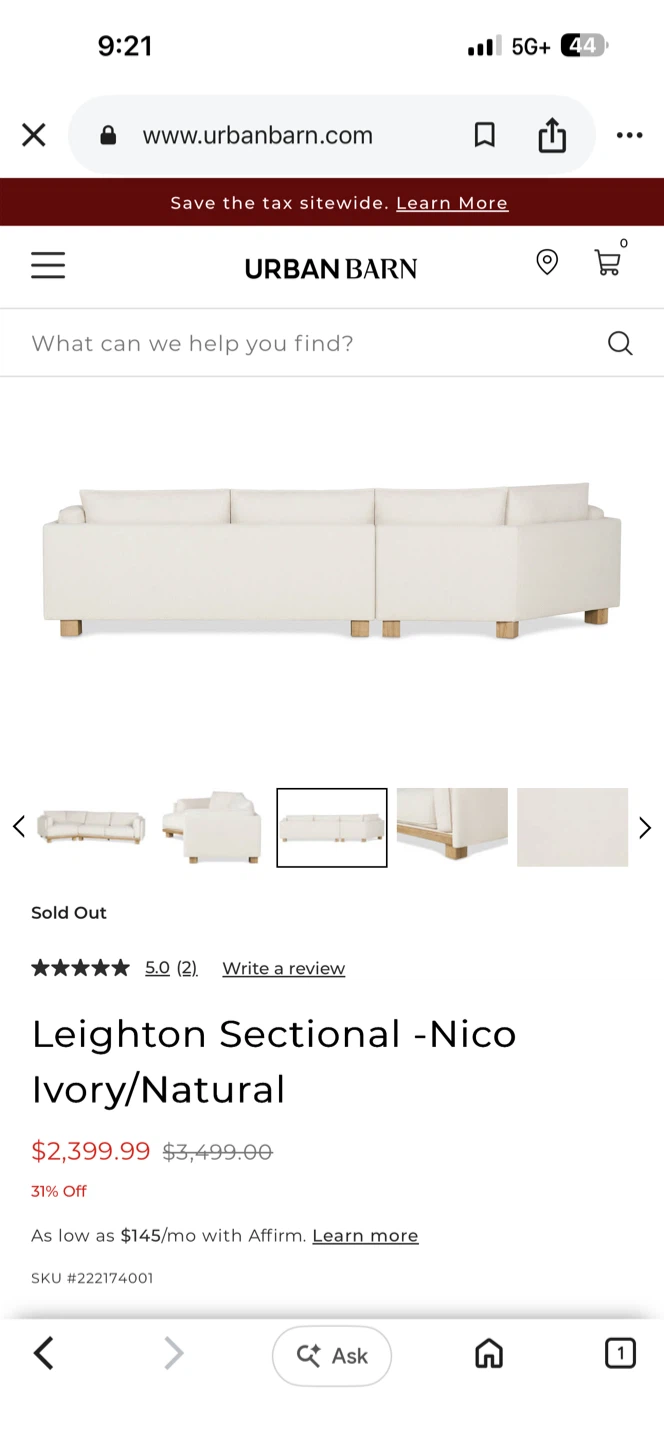 Urban Barn Leighton Sectional Sofa - Nico Ivory/Natural - photo 4