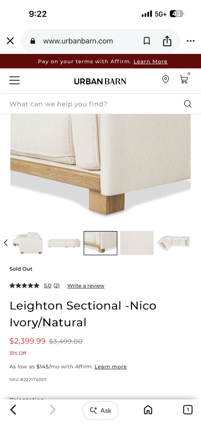 Urban Barn Leighton Sectional Sofa - Nico Ivory/Natural - photo 5