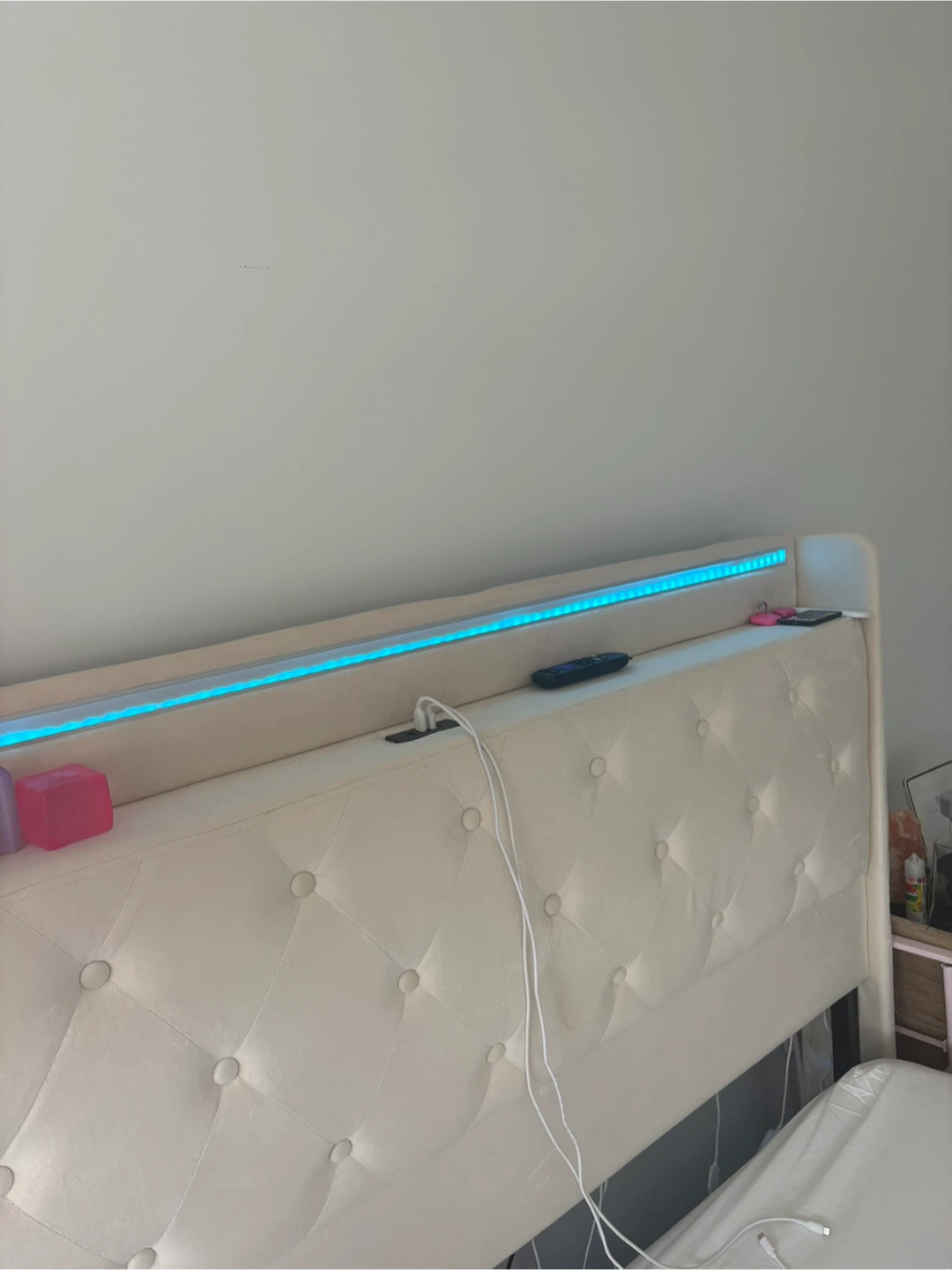 Queen Bed Frame with Upholstered Headboard and LED Lights
