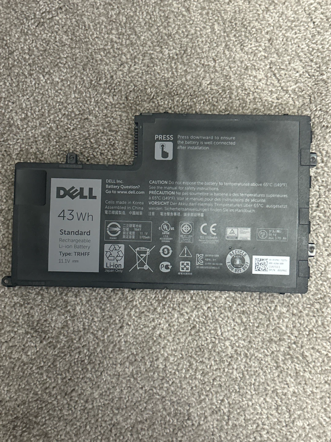 Dell Standard Rechargeable Li-ion Battery Type TRHFF 43Wh