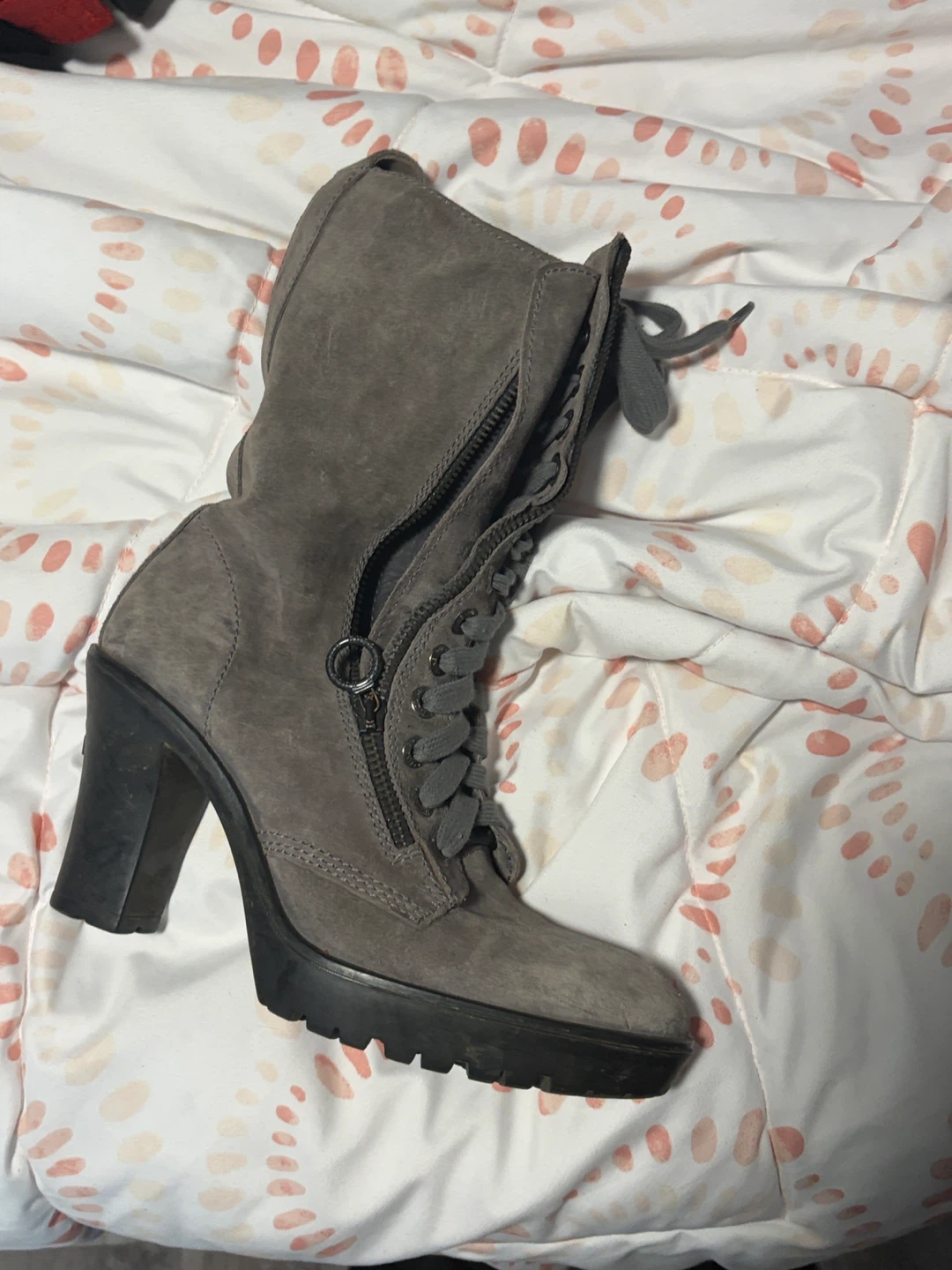Grey Suede Lace-up Heel Boots