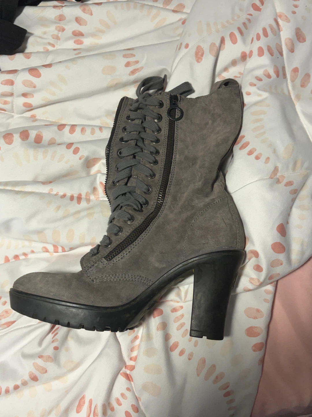 Grey Suede Lace-up Heel Boots - photo 2