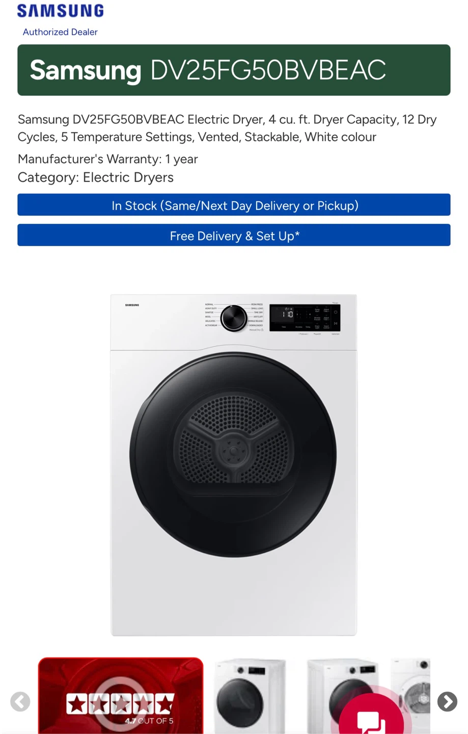 Samsung DV25FG50BVBEAC Electric Dryer