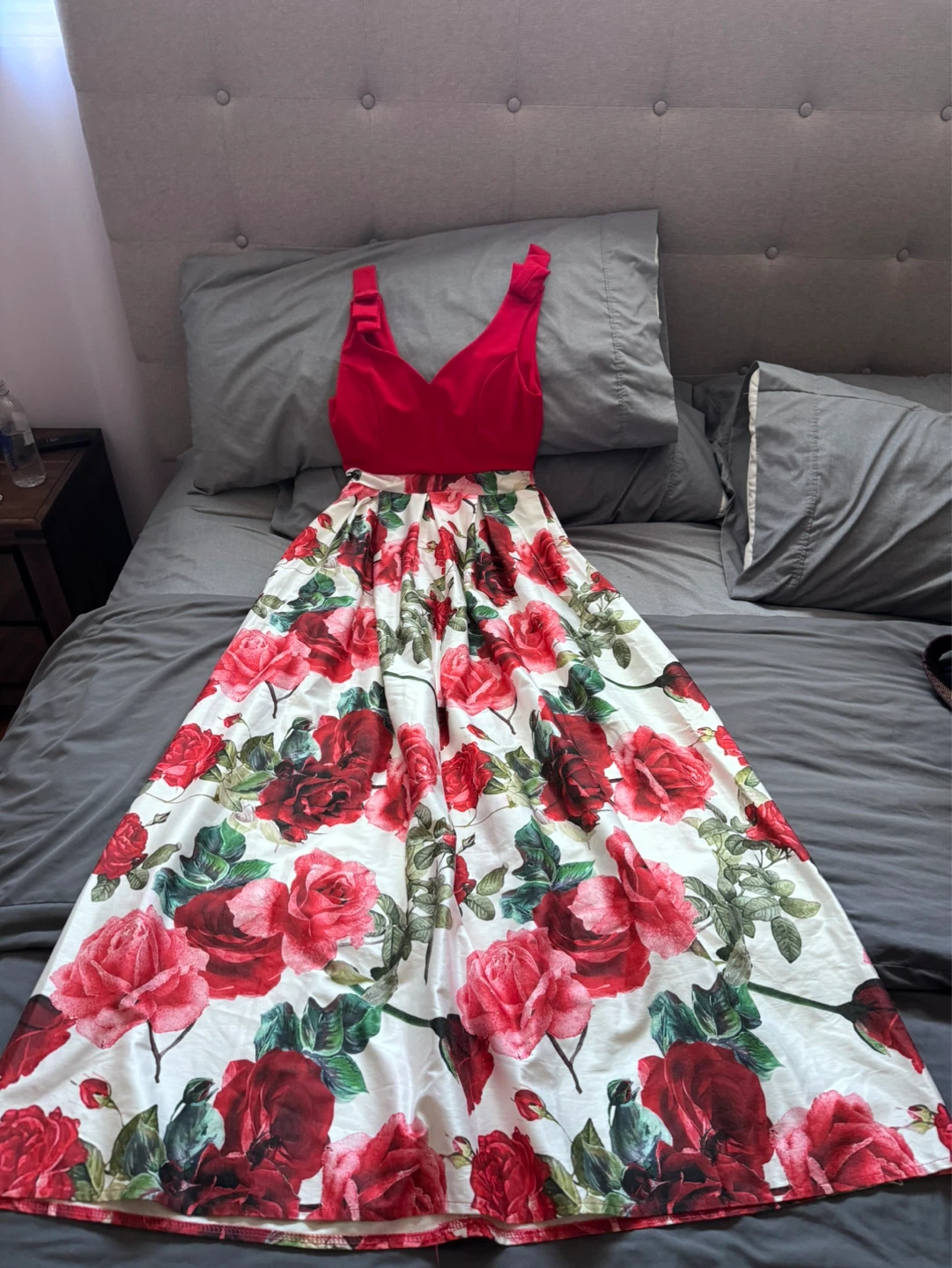 Red and White Rose Print Maxi Dress