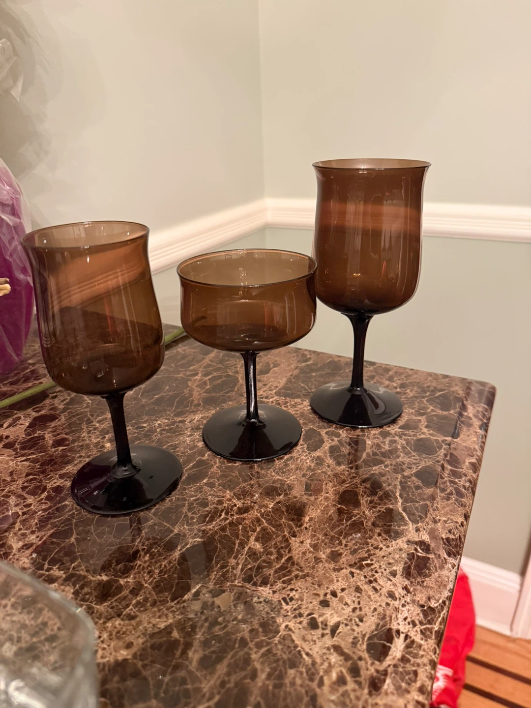 Set of 3 Amber Glass Goblets with Black Stems