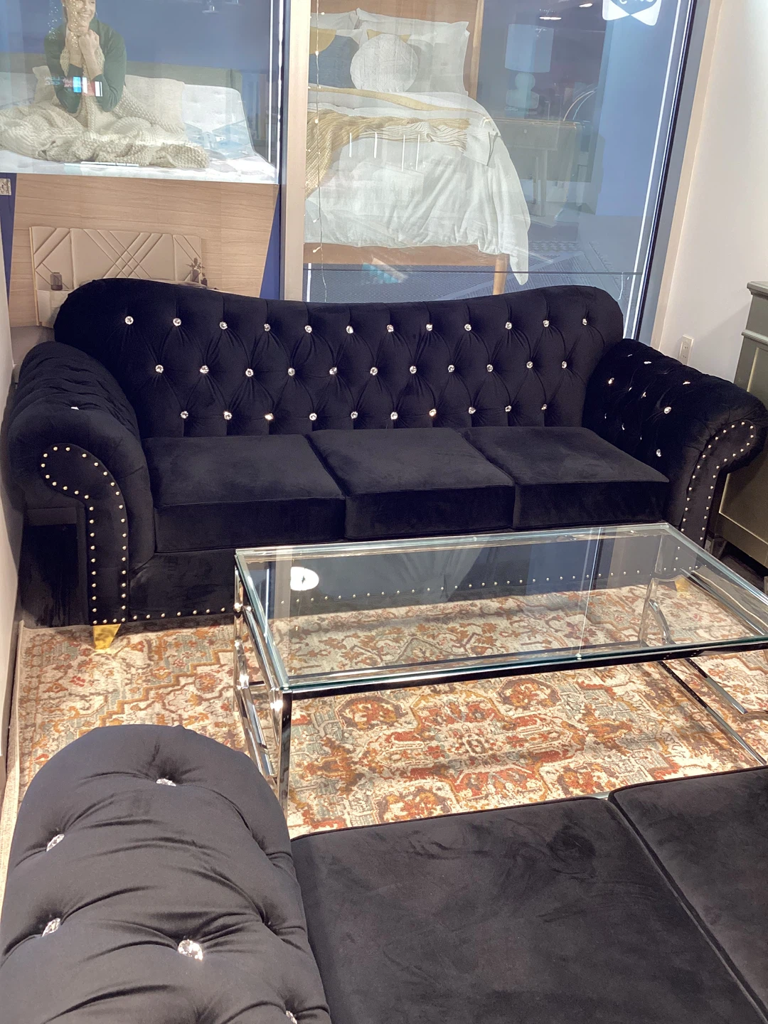 Black Velvet Tufted Sofa with Crystal Accents