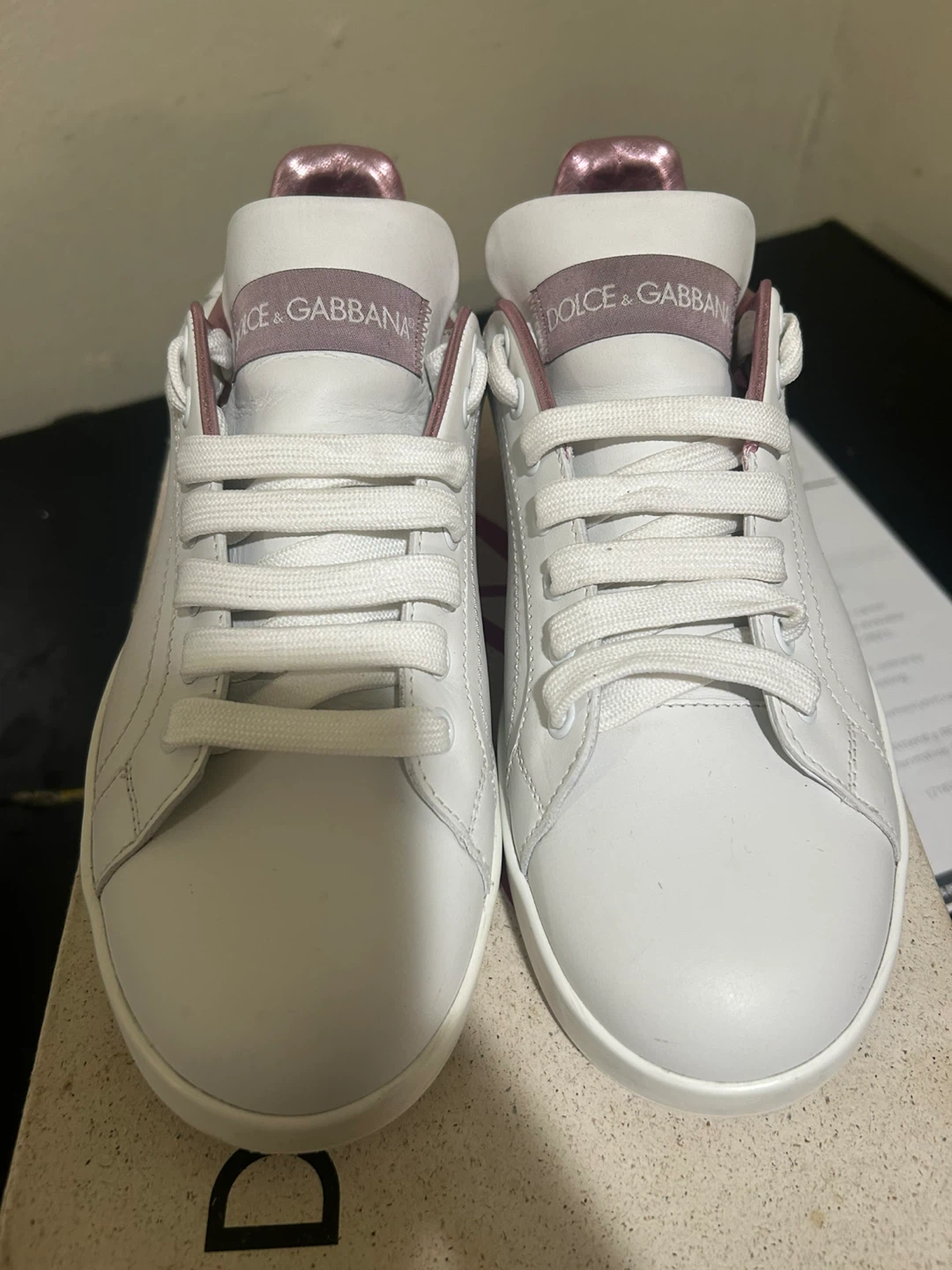 Dolce & Gabbana White Leather Sneakers with Pink Accents