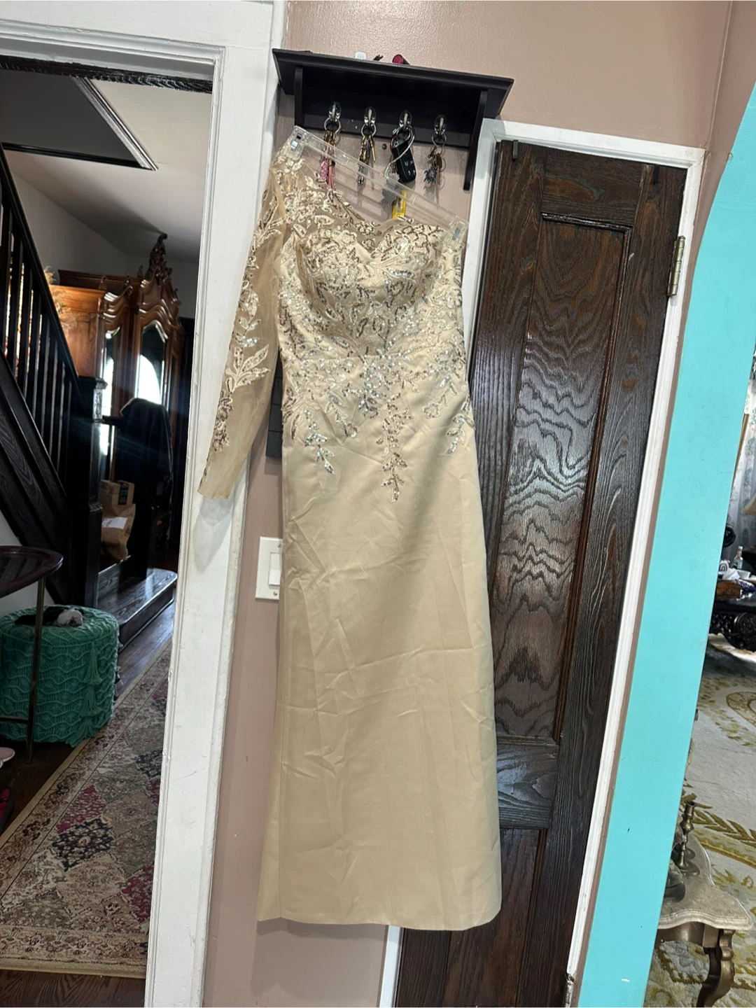 Embellished One-Shoulder Cream Maxi Dress