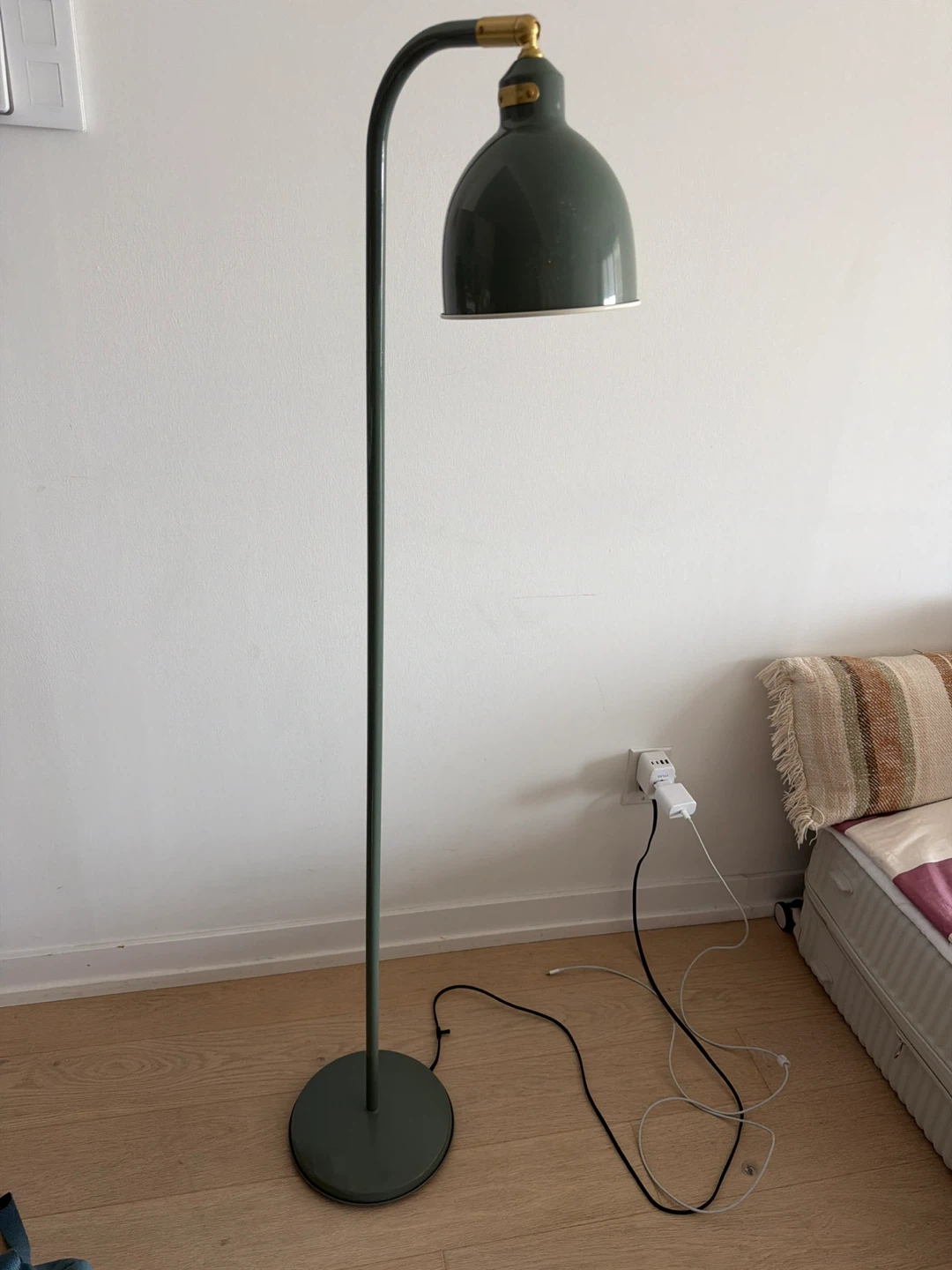 Green Metal Floor Lamp with Brass Accents