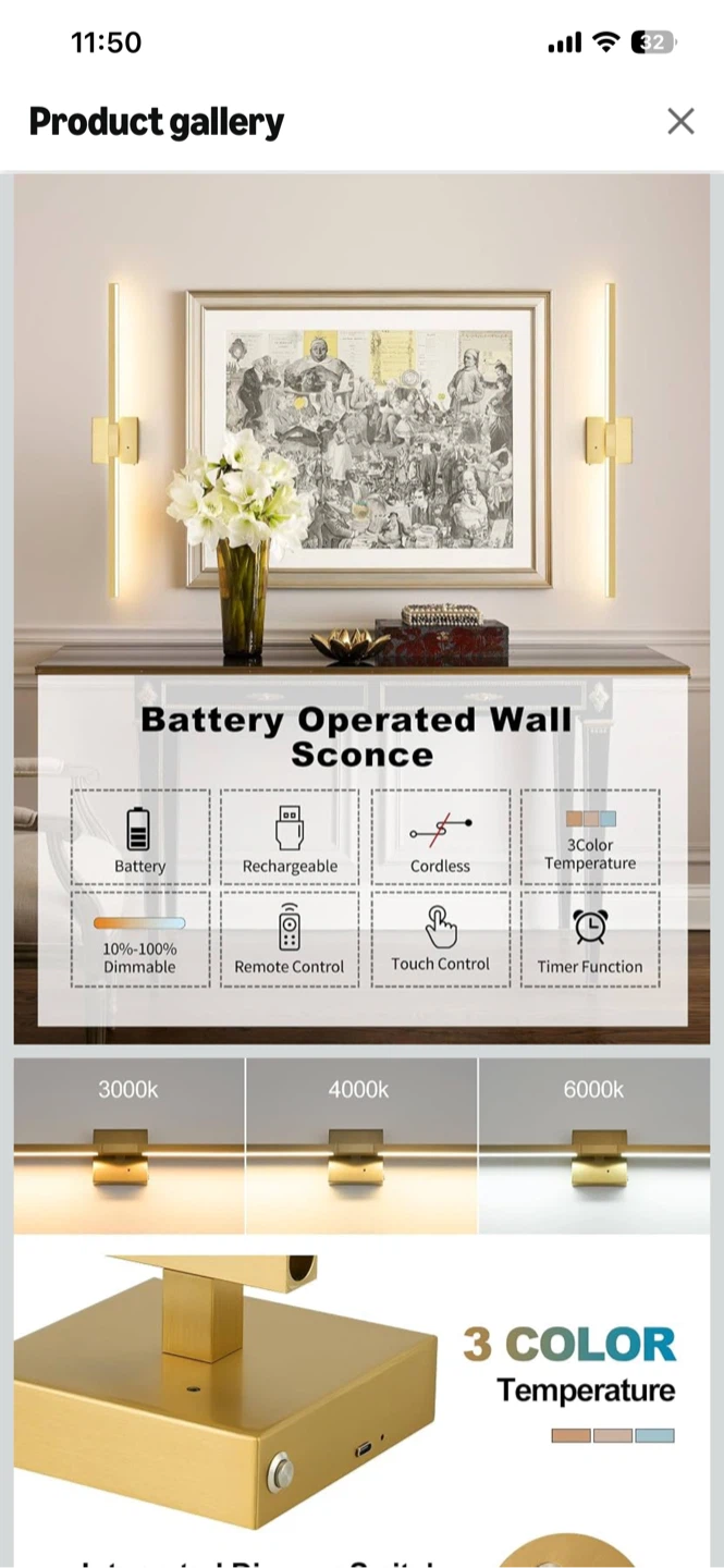 rechargable  Wall Sconce Light - 24" Gold - photo 2