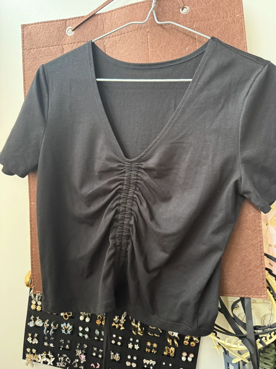 Black Ruched V-Neck Crop Top