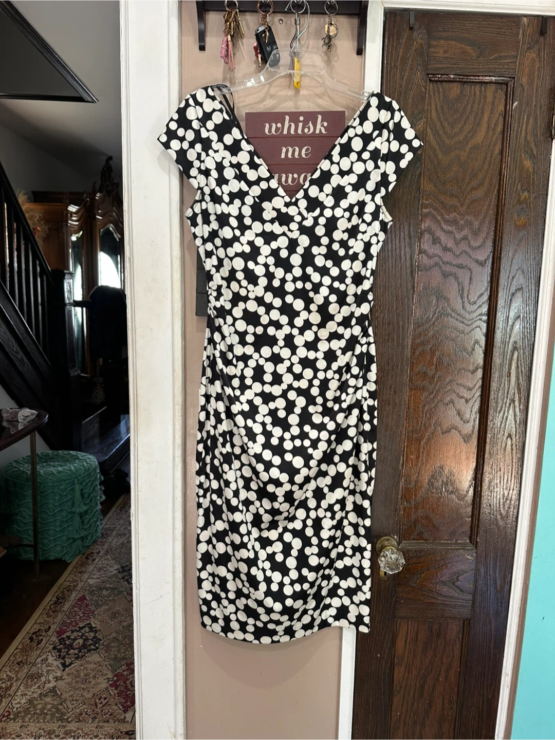 Maggy London Black & White Polka Dot Midi Dress with V-Neck
