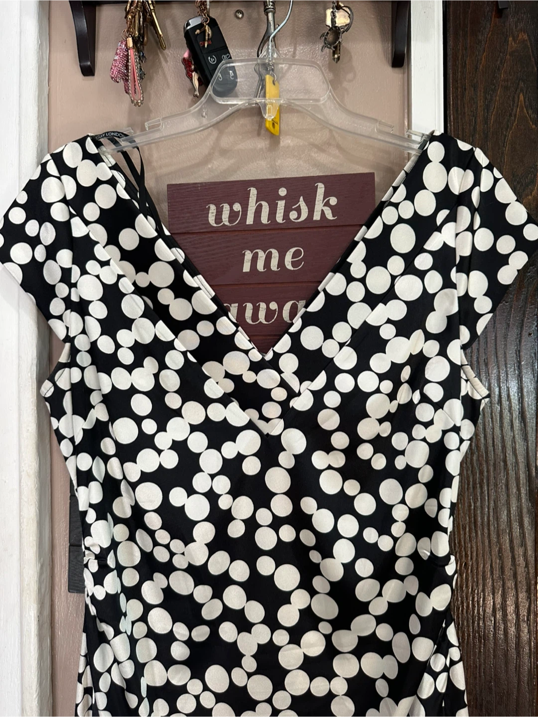 Maggy London Black & White Polka Dot Midi Dress with V-Neck - photo 3