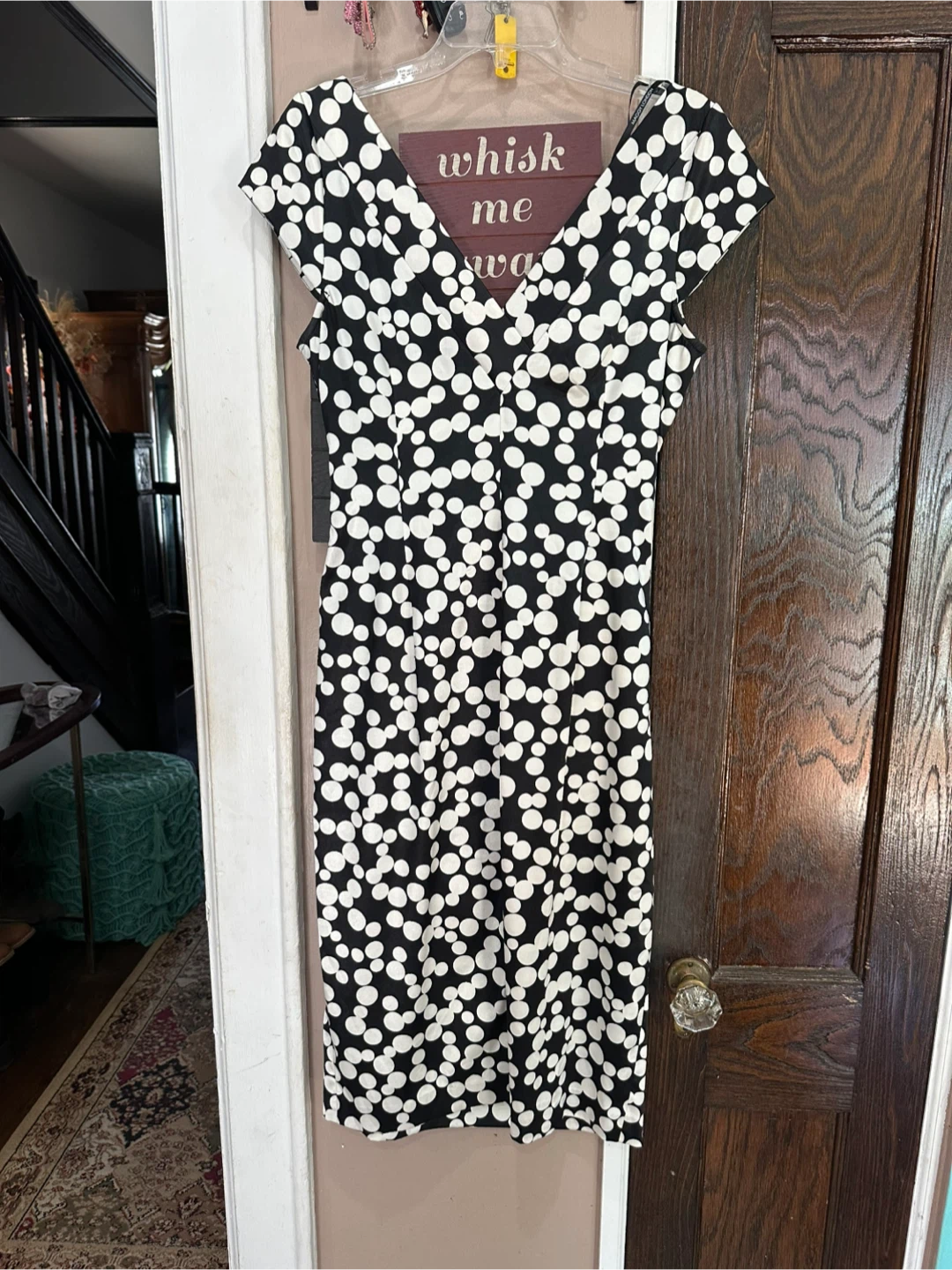 Maggy London Black & White Polka Dot Midi Dress with V-Neck - photo 4