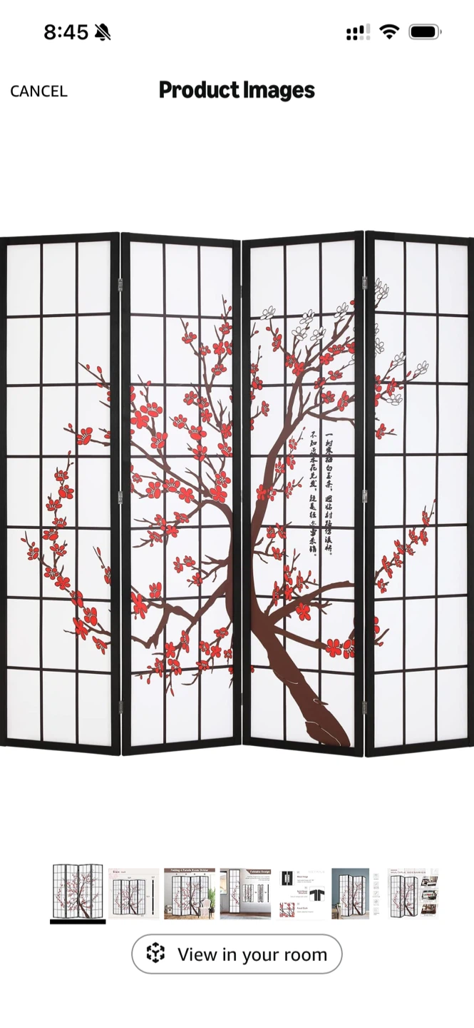 4-Panel Folding Room Divider Screen - Cherry Blossom Design