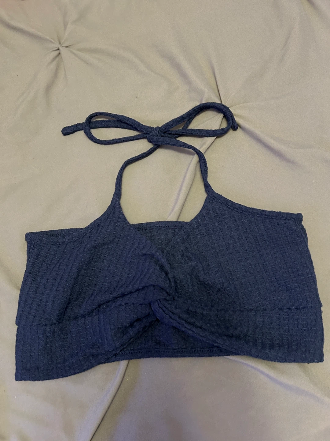 Navy Blue Twist Front Halter Crop Top