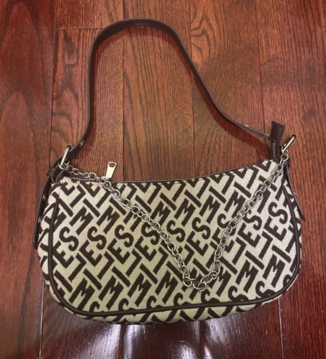 Brown and cream monogram shoulder bag with chain detail
