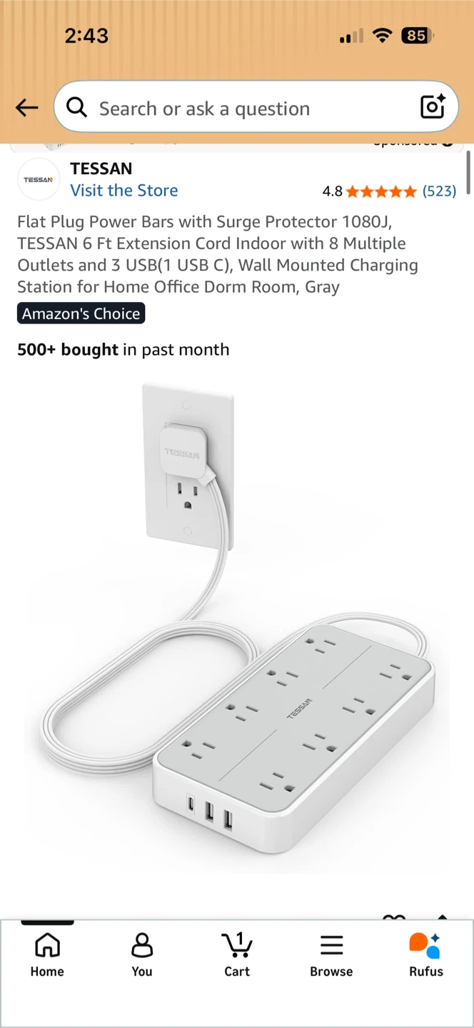TESSAN Flat Plug Power Bar with Surge Protector