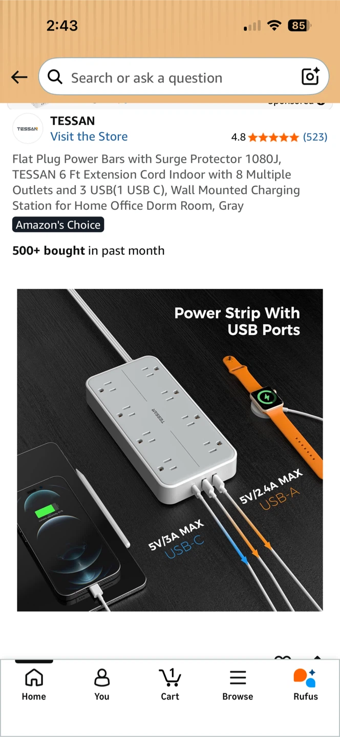 TESSAN Flat Plug Power Bar with Surge Protector - photo 3