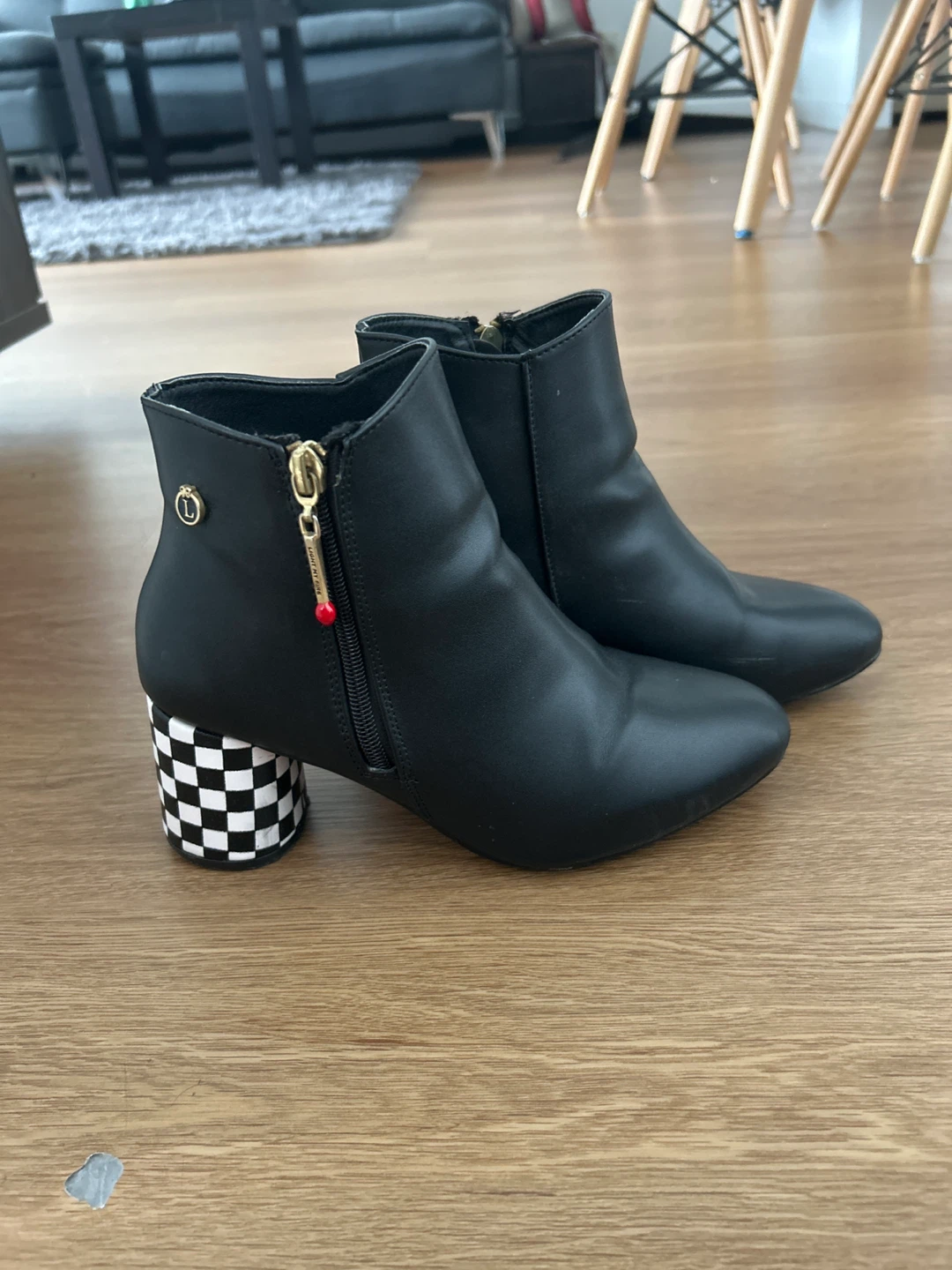 Black Ankle Boots with Checkered Heels - photo 2