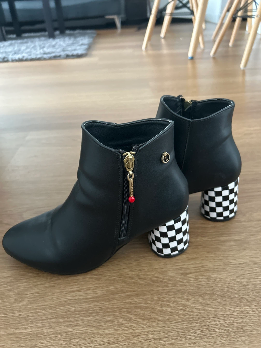 Black Ankle Boots with Checkered Heels - photo 3