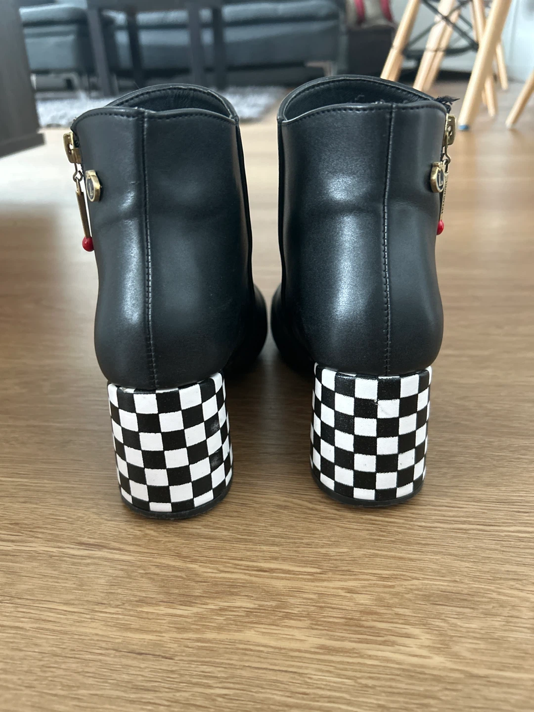 Black Ankle Boots with Checkered Heels - photo 4