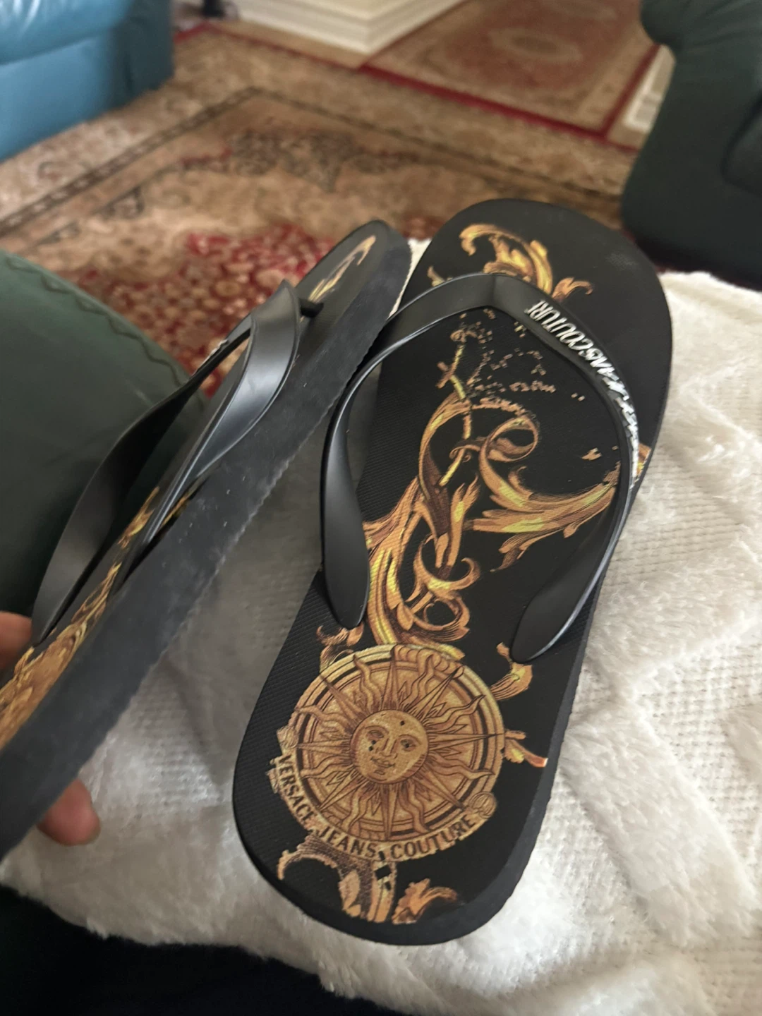 Versace Jeans Couture Black Flip Flops with Gold Medusa Print - photo 2