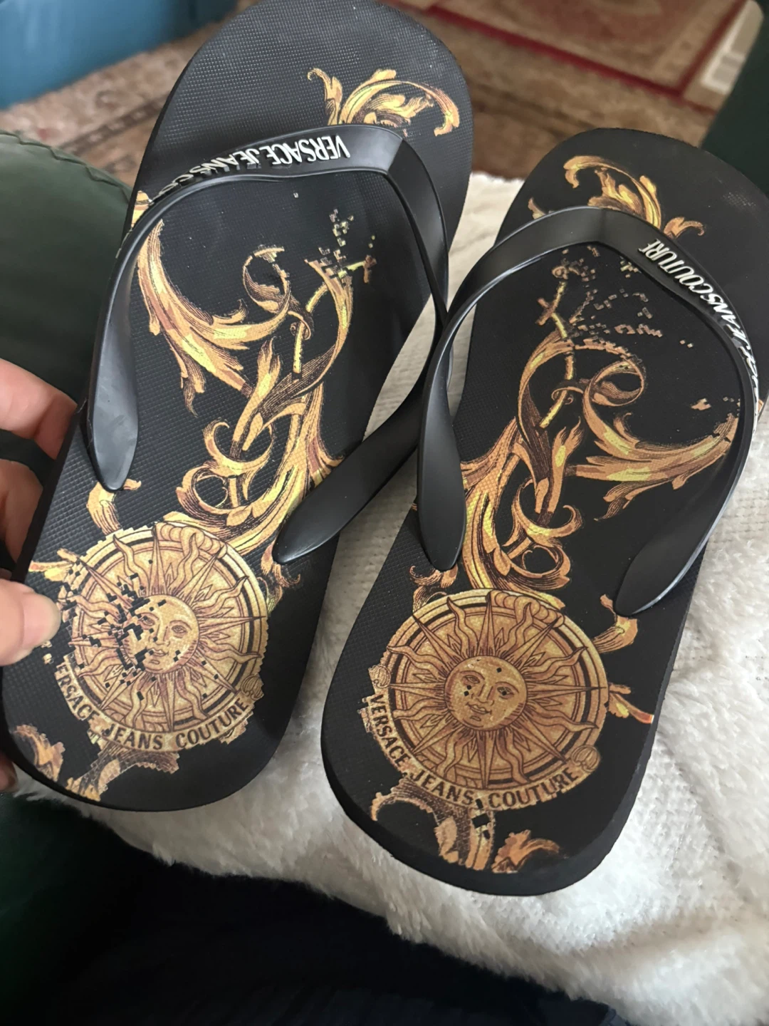 Versace Jeans Couture Black Flip Flops with Gold Medusa Print - photo 3