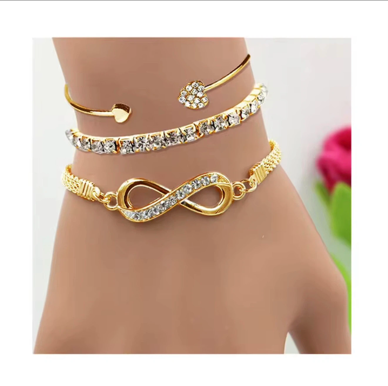 Gold Infinity Bracelet Set with Rhinestones