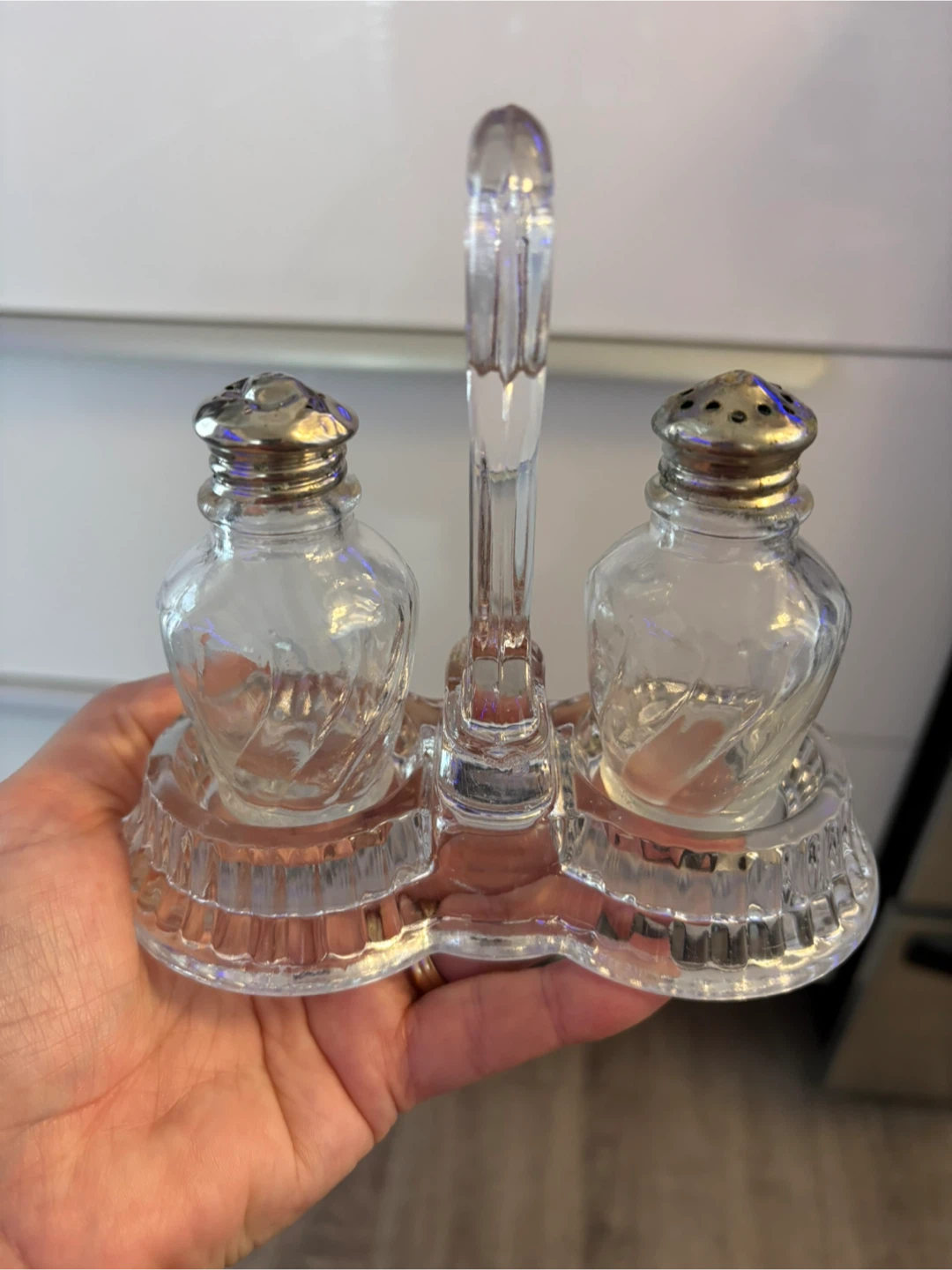 Vintage Glass Salt & Pepper Shakers with glass Stand