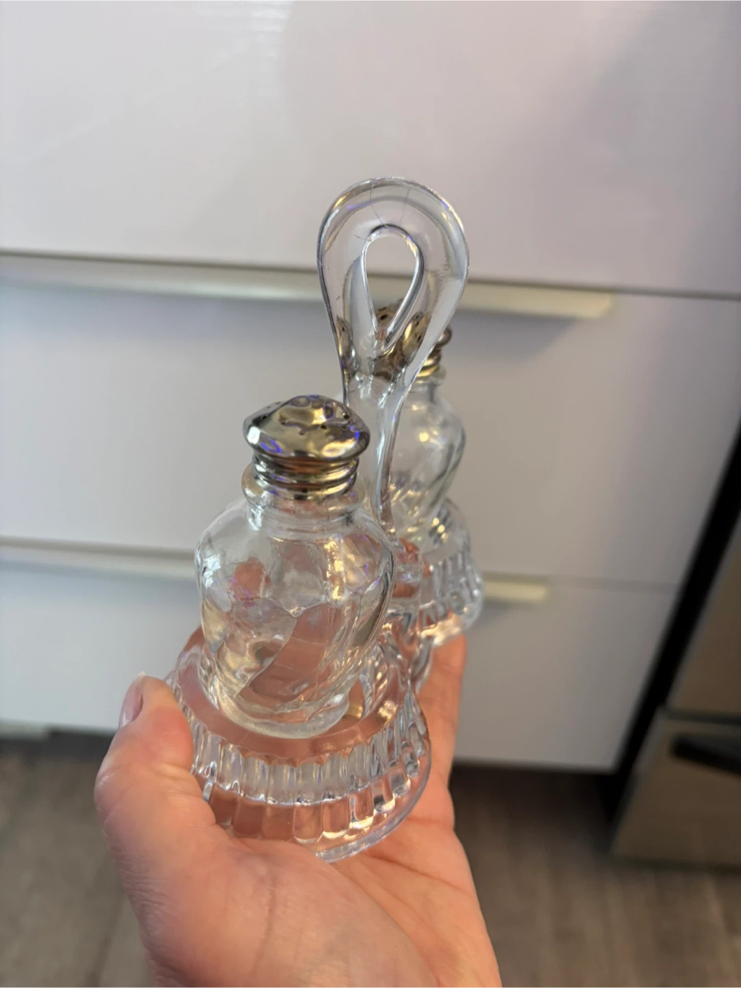 Vintage Glass Salt & Pepper Shakers with glass Stand - photo 2