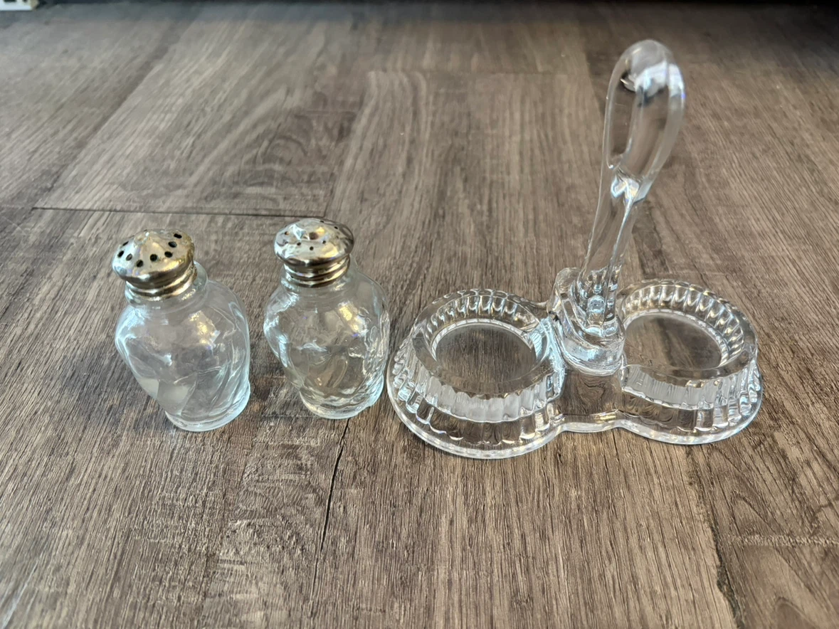 Vintage Glass Salt & Pepper Shakers with glass Stand - photo 3