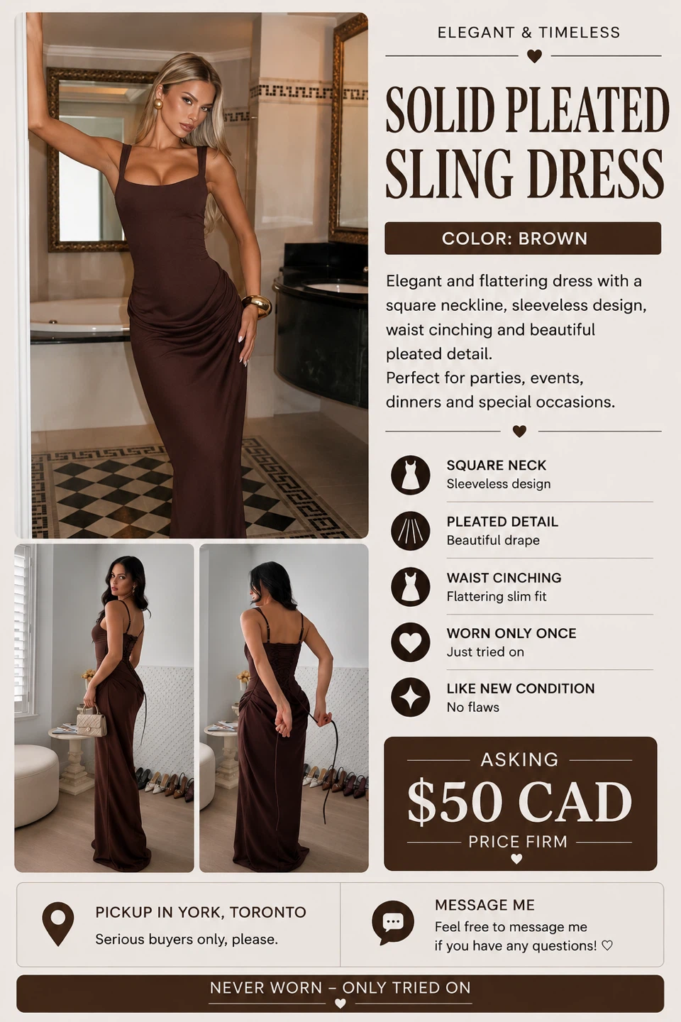 Brown Solid Pleated Sling Dress