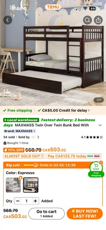 MAXMASS Twin Over Twin Bunk Bed with Trundle - Espresso