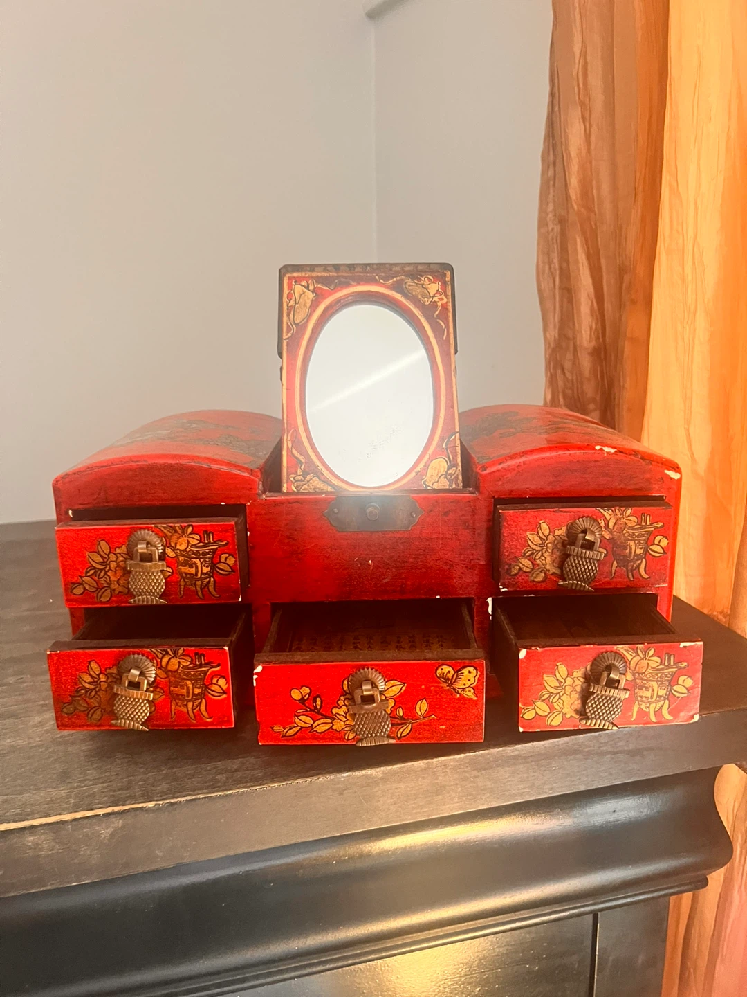 Vintage Red Lacquer Jewellery Box with Mirror