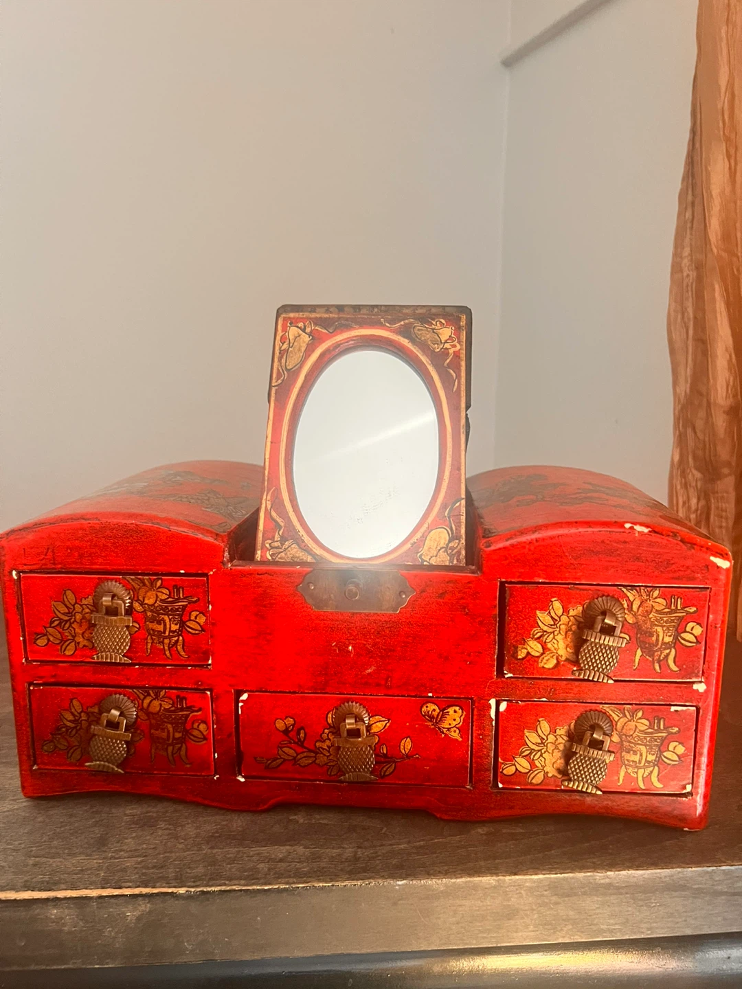 Vintage Red Lacquer Jewellery Box with Mirror - photo 3