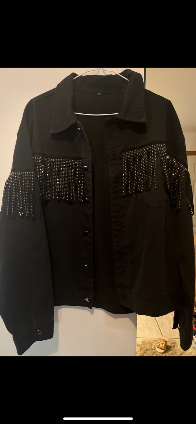 Black Denim Jacket with Rhinestone Fringe - Size M