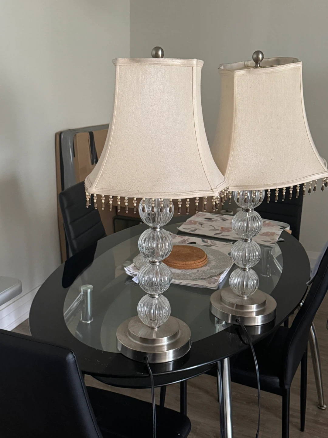Pair of Table Lamps with Crystal Base and Fabric Shade