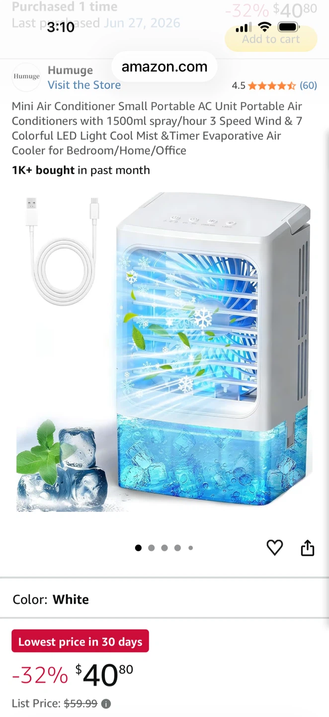 Humuge Mini Portable AC Air Cooler - White