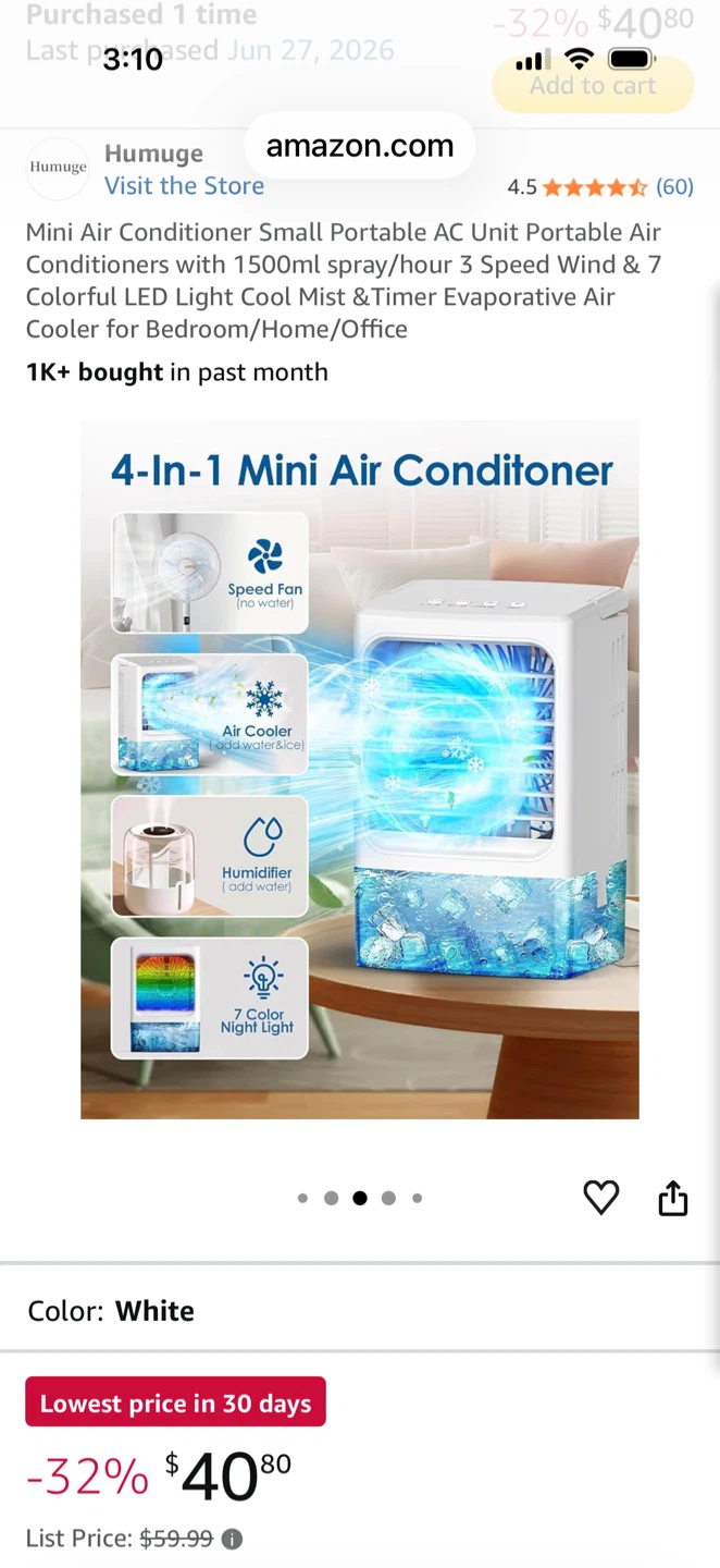 Humuge Mini Portable AC Air Cooler - White - photo 2