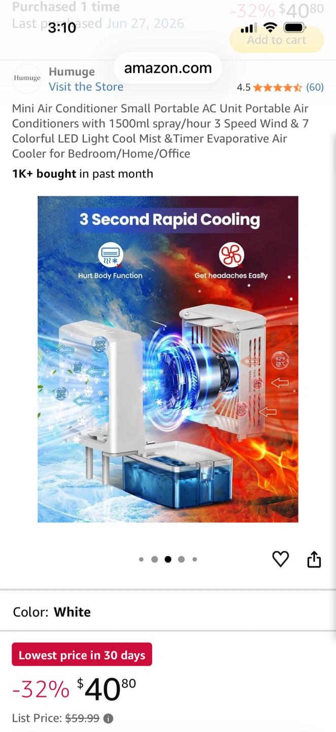 Humuge Mini Portable AC Air Cooler - White - photo 3
