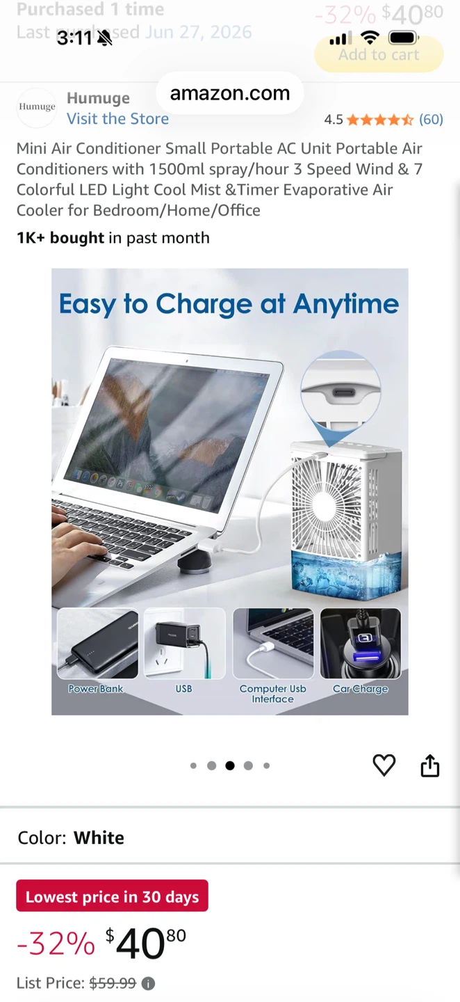 Humuge Mini Portable AC Air Cooler - White - photo 5
