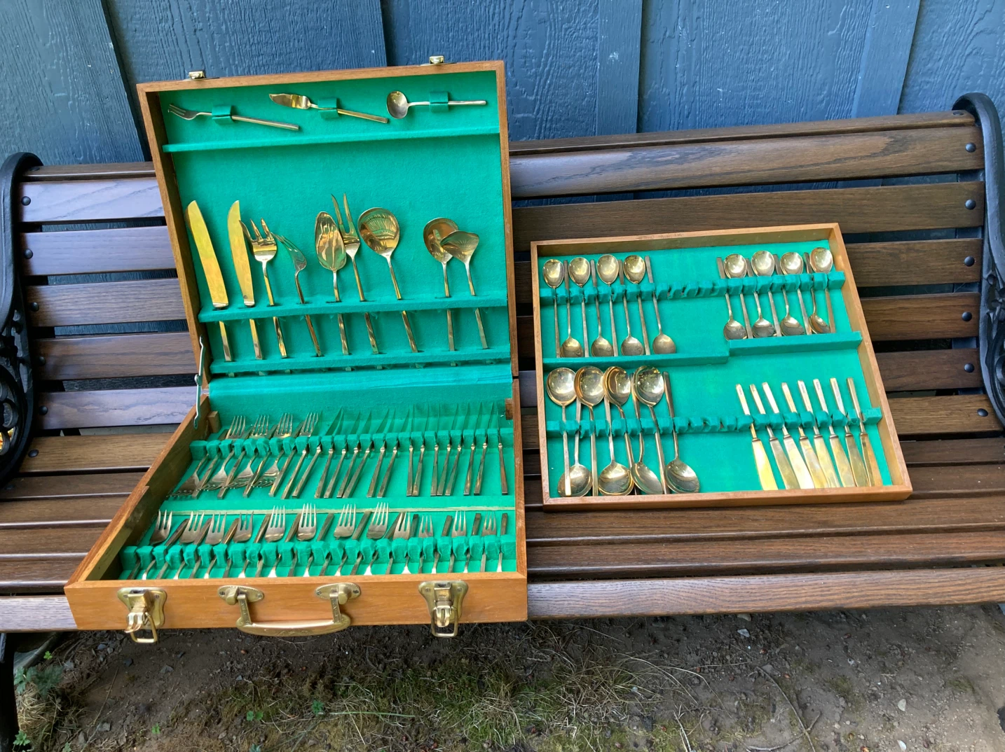 Vintage Flatware Set with Wooden Case - Green Felt