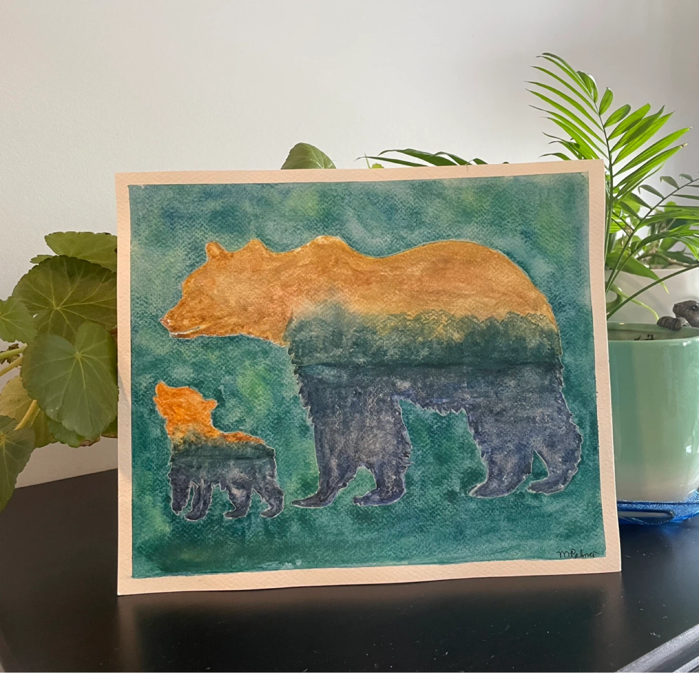 Watercolor Painting of Mother and Cub Bears