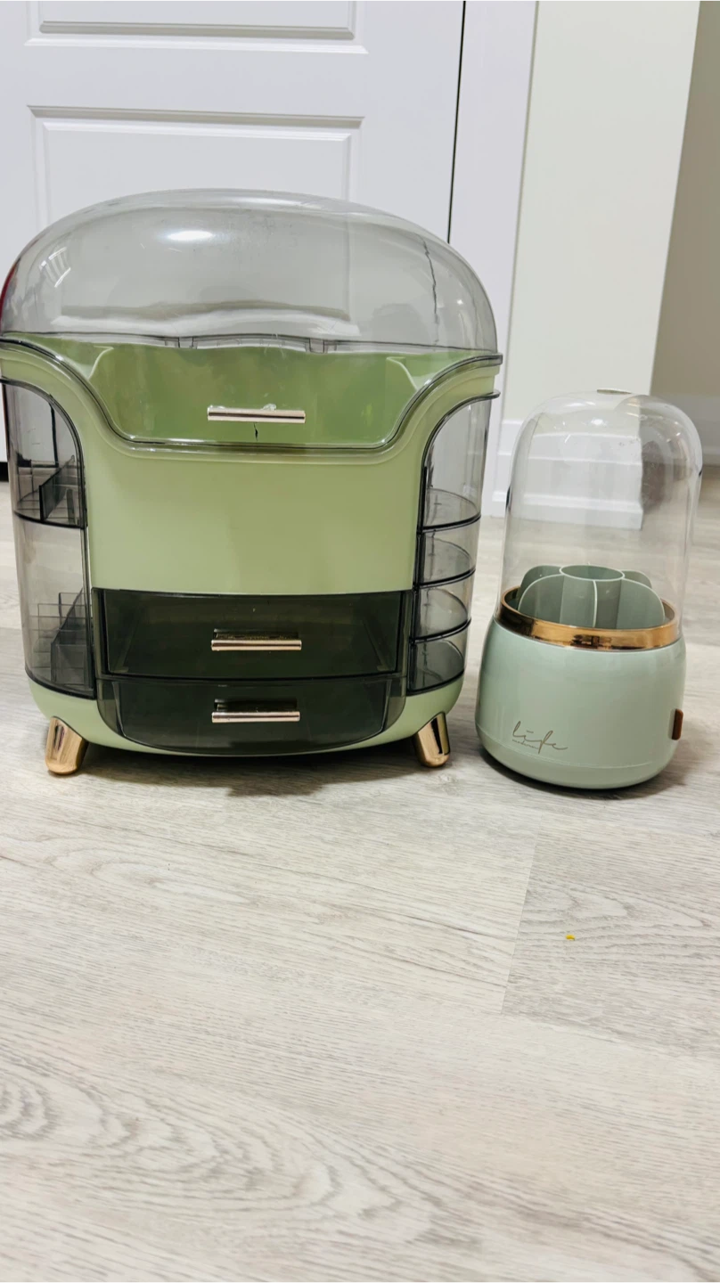 Green Makeup Organizer with Drawers and Rotating Holder