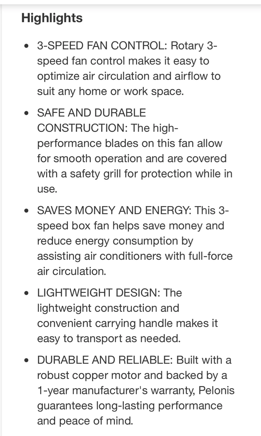 Pelonis 3-Speed Box Fan, White - photo 4