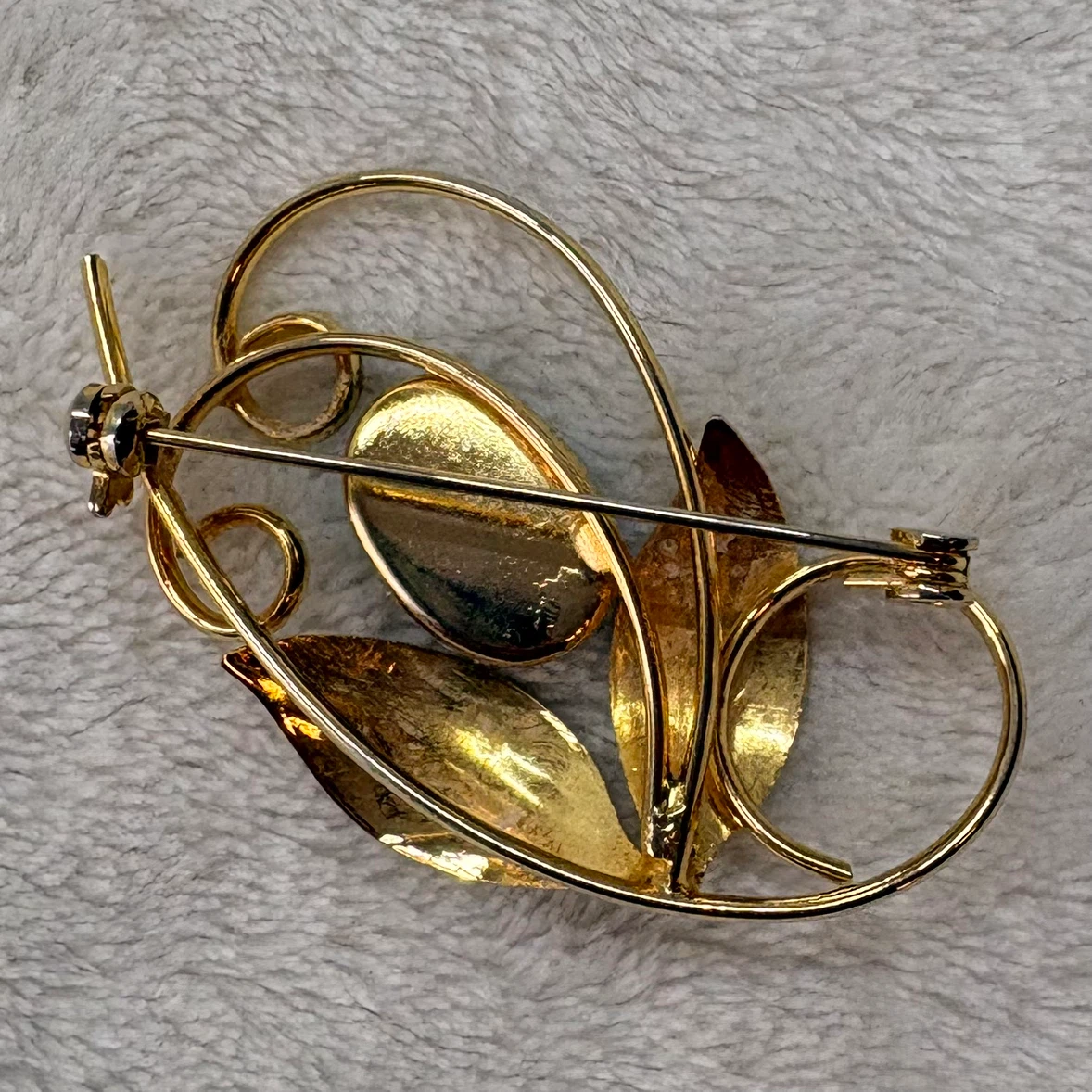 Vintage Gold Tone Blue Cabochon Leaf Brooch Swirl Floral Pin - photo 3