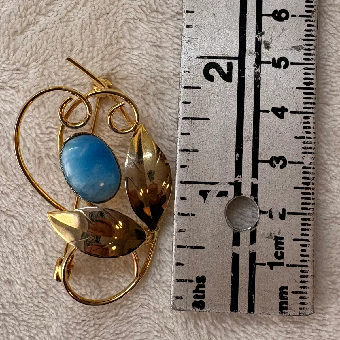 Vintage Gold Tone Blue Cabochon Leaf Brooch Swirl Floral Pin - photo 5