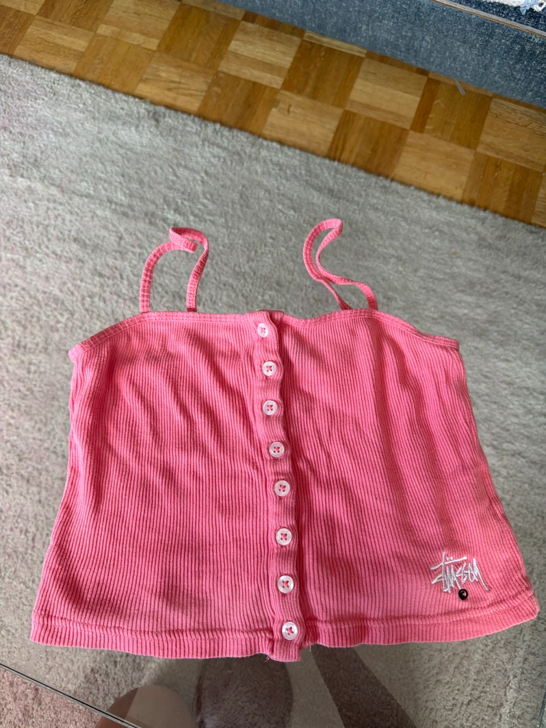 Stüssy Pink Ribbed Button-Up Cami Top Size 8